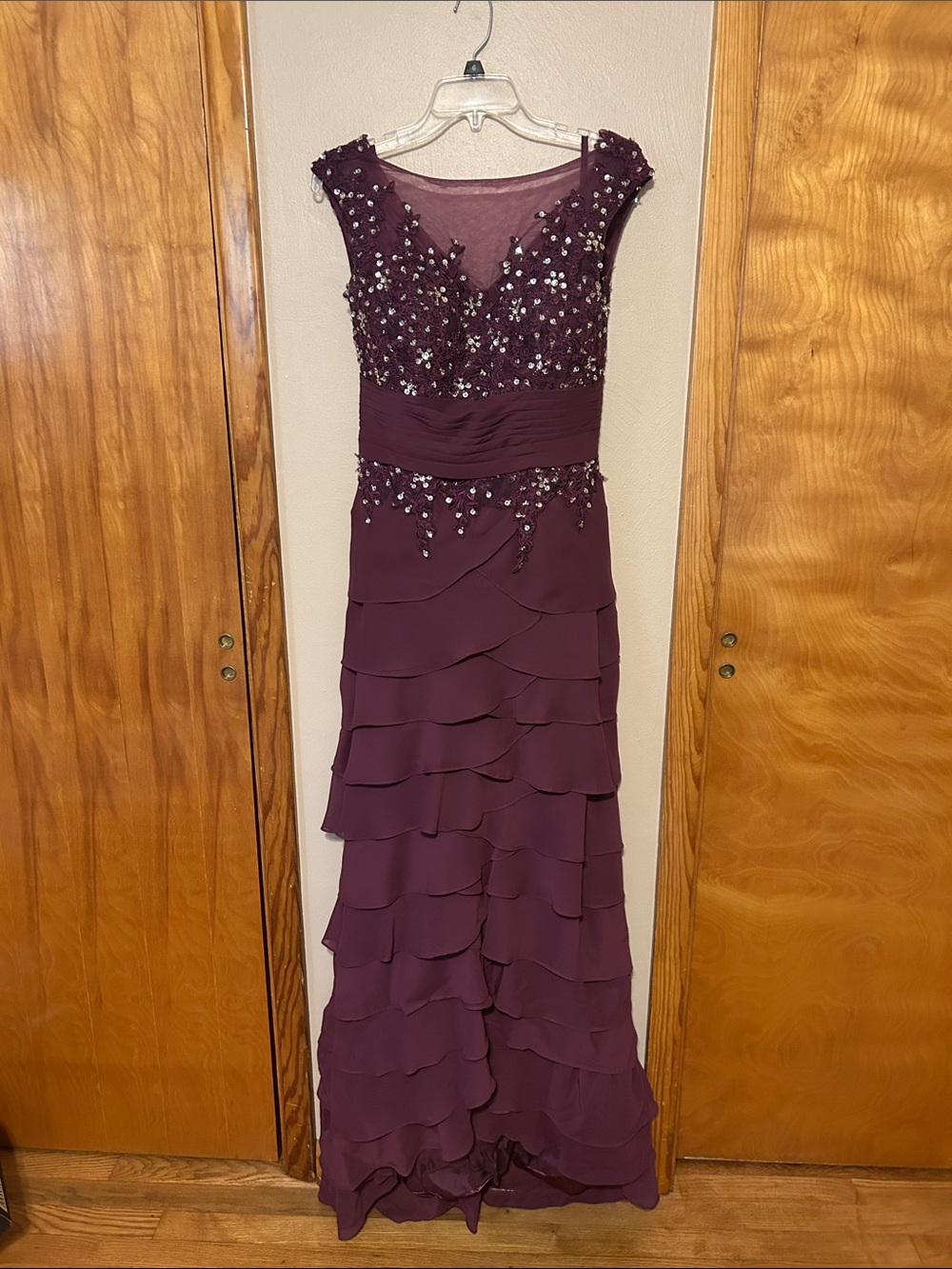 Beaded Burgundy Maxi Dress with Layered Chiffon Skirt